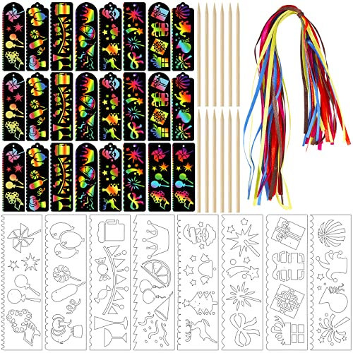 24 Stück Kratzbilder, Kratzbilder Geburtstag Scratch Art Lesezeichen mit 12 Holzstifte 24 Bändern 8 Zeichenschablonen für Weihnachtsgeschenke Party Mitgebsel Basteln