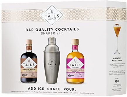Tails Cocktails Cocktail Shaker Set in Gift Box, Including Passion Fruit Martini Cocktail & Espresso Martini Cocktail, Serves 8 Bar-Quality Cocktails, 14.9% ABV, 2 x 50cl / 500ml