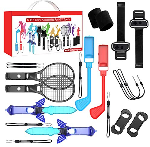 12 in 1 NS Switch Sport Spiel Zubehör, Switch Sport Zubehör Bündeln Set Das Somatosensorische Set mit 2 Golfschläger 2 Kleiner Griff 1 Beinriemen1 Handschlaufe 2 Tennisschläger 2 Minischwert 2 Armband