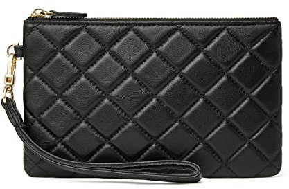 DORIS&JACKY Clutch aus Ziegenleder, mit Handgelenk, niedlich, klein, mit Riemen, Gesteppt, Schwarz, Small, Lammfell gesteppt-schwarz