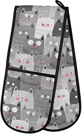 Double Oven Gloves Cute Cats Black Heat Resistant Pot Holder Oven Mitt Gloves for BBQ Cooking Baking Grilling Microwave