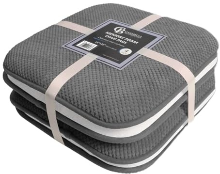 Casabella Memory Foam Chair Cushion Non Slip Back, Round Square Honeycomb Pattern Set of 4 Chair Pads, Durable Seat Cushions for Dinning Chairs, Office Desk & Patio-16x16 Grey Memory Foam Seat Cushion