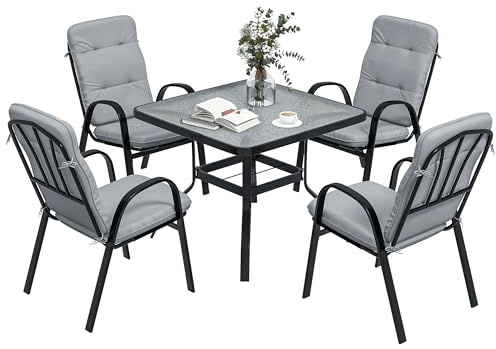 Outsunny 5 Pieces Garden Dining Set, Outdoor Square Dining Table and 4 Cushioned Armchairs, Tempered Glass Top Table w/Umbrella Hole, Texteline Seats, Grey