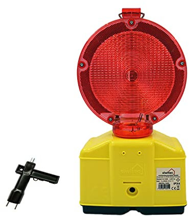 siwitec LED Baustellenleuchte rot/klar mit automatischer Dämmerungsfunktion und Lampenschlüssel, LED Warnleuchte zur Baustellenabsicherung