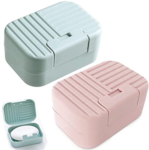 Caja de jabón de Viaje,Caja de jabón de 2 Piezas,Jabonera con Tapa,Jabonera de Ducha portátil,sellada con Tapa, baño,Viaje,Campamento,Gimnasio (Azul+Rosa)