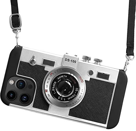 UnnFiko Emily in Paris Handyhülle für iPhone 15 Pro, süßes Kamera-Design, 3D-Vintage-Kamera-Abdeckung, Handyhülle mit langem Umhängeband, kompatibel mit iPhone 15 Pro (Schwarz)