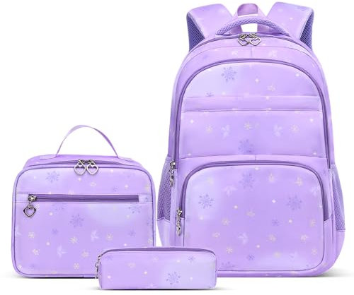 ZHANAO Juego de mochila con estampado de nieve con lonchera, bolsa de lápices, bolsa de libros para niñas y niños, 3 piezas, mochila escolar para estudiantes de primaria, C-Púrpura, A