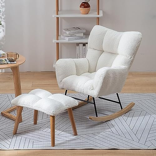 SKORDO Mid-Century Moderner Teddy-Schaukelstuhl mit Hocker, Erwachsenensessel, ideal für Wohnzimmer, Schlafzimmer und Lesen, getuftet, Stoff, Komfort-Design