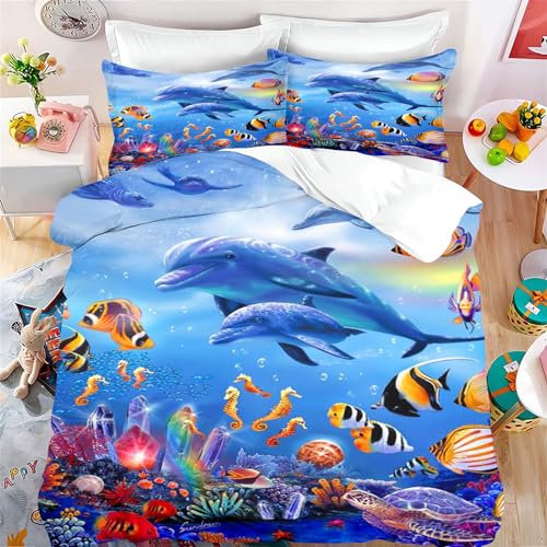 Fadaing Delfin Bettwäsche 135x200 Kinder - Niedlich Tier Delfin Bettbezug Set, Cartoon Delfin Weiche Mikrofaser Bettwäsche Set Mit Reißverschluss Und 2 Kissenbezügen (7,Single 135 X 200 cm)