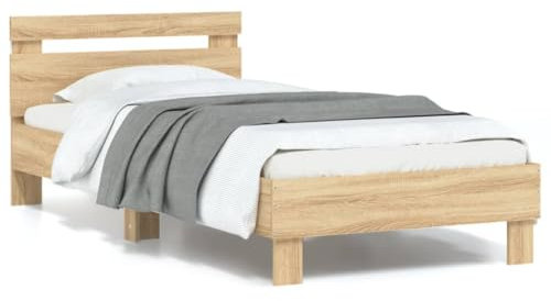 vidaXL Bettgestell, Bettrahmen mit Lattenrost, Bett Gästebett mit Kopfteil LED-Leuchten, Einzelbett Schlafzimmerbett Schlafzimmermöbel, Sonoma-Eiche 90x200cm