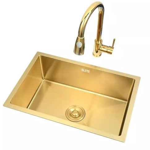 Küchenspüle Arbeitsstation Aus Edelstahl 304 Küchenspüle Aus Edelstahl Unterbauwaschbecken Küchenspüle Mit Ausziehbarem Wasserhahn (Color : Gold, S : 60 * 40 * 21cm)