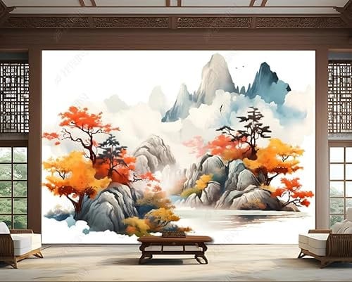 Vlies Fototapete Berge Seen Kiefern Waldtuschemalerei 300X210 Cm - Foto Tapete Schlafzimmer Wohnzimmer Moderne Vliestapete Xxl Wandtapete Motivtapeten Bildtapete 3D Effekt Wand Dekoration