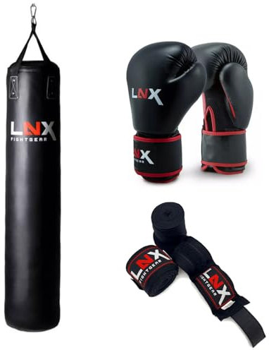 LNX Boxsack Set Training - GEFÜLLT 90 oder 120cm I + LNX Boxhandschuhe EVO + Aufhängung Nylon + Boxbandagen I idealer Box Sack für Jugend & Erwachsene (schwarz, 90cm)
