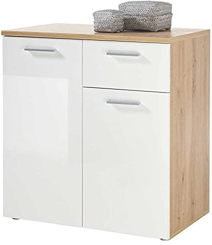 Möbel Jack Kommode Sideboard Anrichte | Dekor | Artisan Eiche | Weiß Hochglanz | 2 Türen | 1 Schublade | 80x85x50 cm