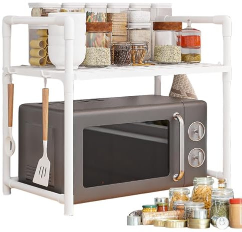 jopiuieo Expandable Microwave Shelf - FreeStanding Oven Rack Stand with Storage Holder for Kitchen Spices, Pots and Pans