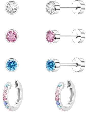 jagosen Flat Back Earrings Sterling Silver Plated Stud Hoop Earrings For Women 4 Pair Cubic Zirconia Hypoallergenic Cartilage Helix Tragus Piercing Screw Back Sleeper Earrings(round)