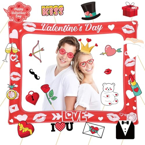 Valentinstag Doppelseitig Aufblasbarer Bilderrahmen Mit 24 Pcs Foto Requisiten, Valentinstag Geschenk Photo Booth , Valentines Day Party Fotobox Accessoires, Rosa Selfie Rahmen Für Paare, Hochzeit