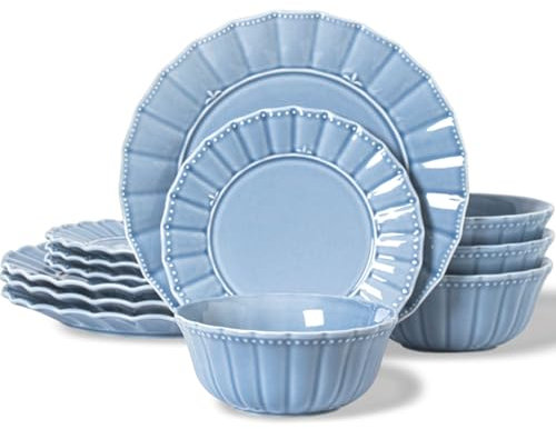 HOMBENE Dinnerware sets, 12 Piece plates and bowls sets for 4, Ceramic dish set, Porcelain dish set, Premium kitchen decor, Microwave and Dishwasher Safe, Celestial Blue