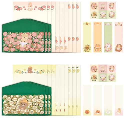 BAYTORY Briefpapier- und Umschläge-Set, 8,9 x 17,8 cm, niedliche Tiermuster, Umschläge, Liebesbriefpapier, Briefpapier, Briefpapier, Briefpapier für Einladungen, Kaninchen und Bär, 44-teilig