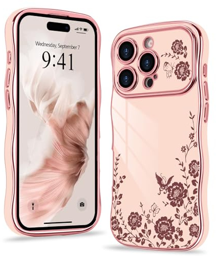 Wirvyuer for iPhone 16 Pro Case Plating Wave Frame Floral, Pink | Cute Flower Phone Case Curly Frame with Luxury Gold Plated Bumper, Shockproof Raised Full Camera Protection Cover for Women