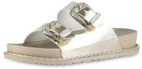 VAN HILL Damen Pantoletten Flach Nieten Bequem Schuhe 216847 Gold Robust 39