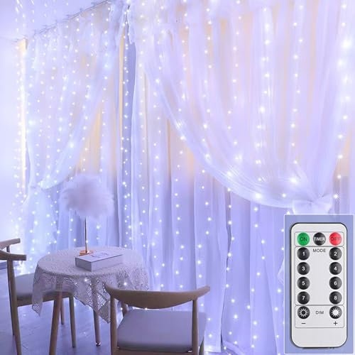 300LED Lichtervorhang weiß, 3mx3m Lichterkettenvorhang USB 8 Modi LED Lichterkette mit 12 Haken Fernbedienung Timer verstellbare Helligkeit für Weihnachten Party Innen und außen Deko