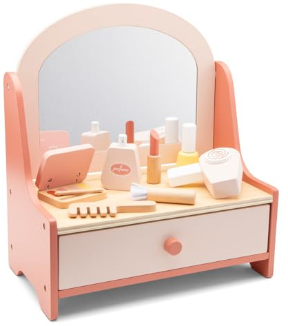 Woet Holz-Schminktisch mit Spiegel und 7 Accessoires | Schönheits-Rollenspielset, Schminktisch aus Holz, Spielzeug-Make-up, Friseursalon-Rollenspiel, Schublade, ab 3 Jahren