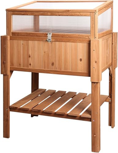 needs&wants® Großes Hochbeet mit Frühbeet-Aufsatz Abdeckung aus Holz für Garten Balkon, Pflanzbeet mit Gewächshaus Frühbeetkasten mit Deckel Dach Haube Ablage Pflanzkasten, 90 x 60 x 118 cm, braun