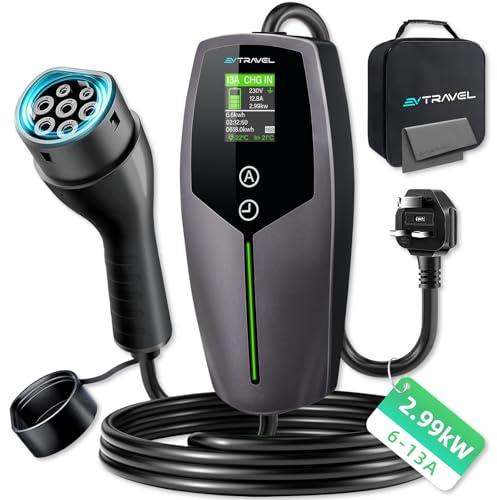 EV Charger Type 2 to 3 Pin Plug 32.8Ft/10M Electric Car Charger 3KW 6-13A | Current Adjustable Electric Vehicle Charger with LED Display, Type 2 Cable EVs and PHEVs