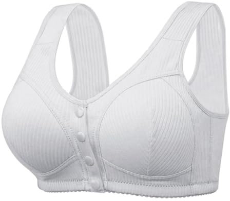 PrinStory Ribbed Cotton Bras For Women Front Fastening Wireless Snap Closing Comfort Ladies Bras For The Elderly (Light Grey, 40B)