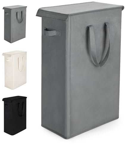 Rieeyrslza Schmaler Wäschesammler mit Deckel 55L Wäschesammler mit Langem Griff Dünner Wäschekorb Faltbarer Rechteckiger Oxford-Stoff Wäschekorb Schmutziger Kleiderkorb Aufbewahrungskorb (Grau)