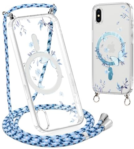 Xylota Handyband für iPhone X/XS Hülle mit Band [Kompatibel mit MagSafe], Transparent Magnetisch Handyhülle mit Kordel, Aesthetic Muster Schutzhülle für iPhone XS zum Umhängen, Schmetterling 02