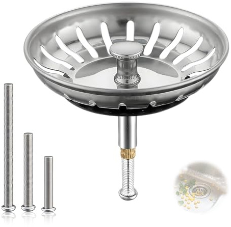 Nevoluxer 1 Pieza Tapón Fregadero Cocina Ajustable en Altura, Tapón Fregadero de Acero Inoxidable con Colador de Repuesto 82 mm Plateado