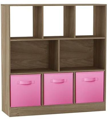URBNLIVING Asymmetrical 8 Cube Oak Bookcase Storage Unit with 3 Fabric Drawer Inserts – Wooden Display Shelf for Home, Office, or Bedroom Organization Light Pink