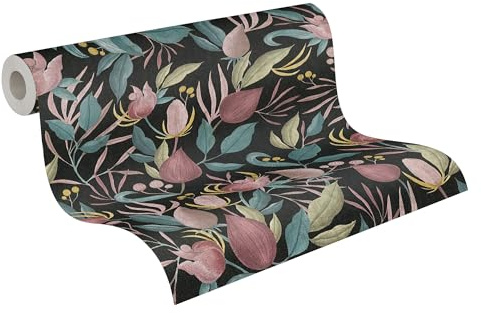 Livingwalls Non-Woven Wallpaper with Flowers and Leaves in Black, Blue, Pink, Yellow and Green - Floral Wallpaper 10.05m x 0.53m by Cosmopolitan - 790622