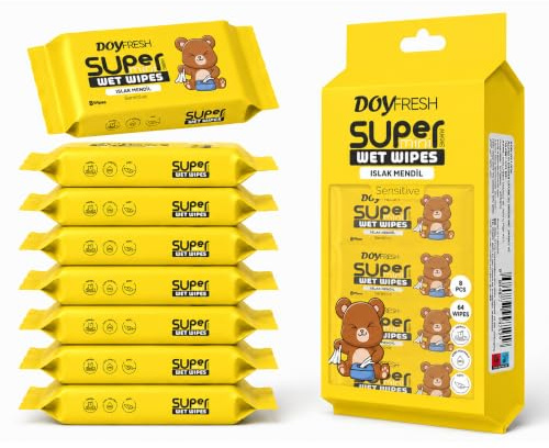 Big Dealz Super Mini Travel Wet Wipes, Sensitive, 8 Pack (64 Wipes), Yellow