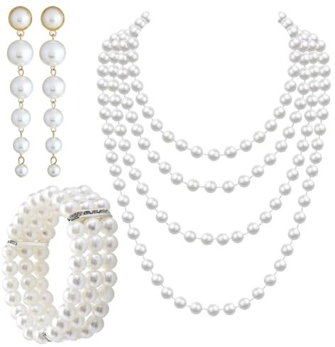 FangBoJie 3 Stück Perlen Schmuck Set für Damen, Perlenkette, Perlen Set