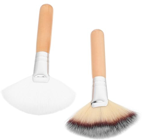 NUOBESTY 2pcs Fan Makeup Brush Set Long Handle and Soft Bristles, Large Wooden Handle Facial Powder and Blush Brushes for Women, Professional Face Makeup Tools