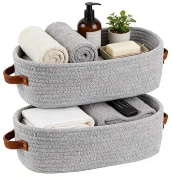 LWLWA Aufbewahrungskorb Bad, Baumwollseil Körbe Aufbewahrung, 2 Stück | 33 x 15 x 10 cm Geflochtener Korb, Multifunktional Aufbewahrungskorb Geflochten Grau, für Badezimmer, Schlafzimmer