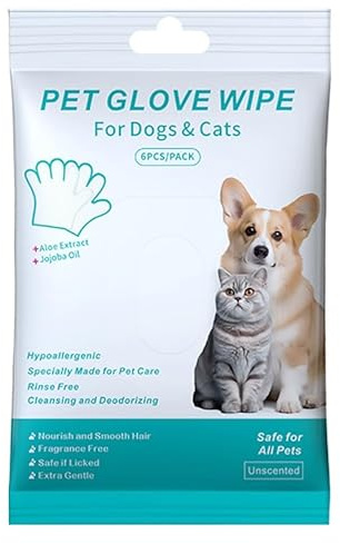 Pet Glove Wipes for Dogs and Cats, Cleaning Gloves, Deodorizing Hypoallergenic Grooming Wipes Wash Free Wipes for Daily Care and Traveling, Safe for All Pets, Unscented, Easy Use, 6 PCS/Pack (1)