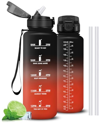 Mujigaga Botella Agua Gimnasio, Portátil Botella 1 5 litros con Pajita, Diseño de Cerradura, Cantimplora con Marcador de Tiempo, A Prueba de Fugas Cantimplora para Deporte, Colegio, Gym
