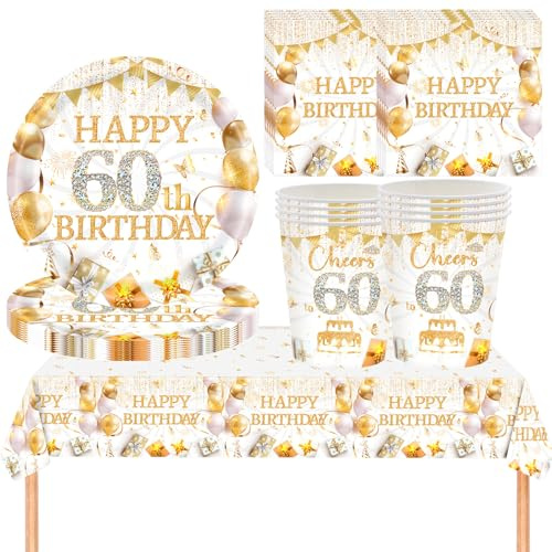 YESAH 53P 60th Birthday Party Tableware Set,White Gold Paper Dinnerware Set | Includes Paper Plates,Cups,Napkins and Reusable Tablecloth for Him,Her Gold Table Decor -16 Guests