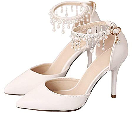 Pumps mit spitzem Zehenbereich, Knöchelriemen, Kleiderschuhe, Hochzeit, Party, Pumps mit Perlen, 9 cm, Weiß, 41 EU