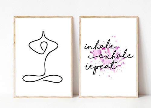 Din A4 Kunstdruck ohne Rahmen 2-teilig Yoga Figur Minimalismus - inhale exhale repeat - Entspannung Atmung Typographie Druck Poster Deko Bild