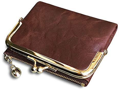 Pofee Damen-börse, RFID, klein, kompakt, doppelt gefaltet, Leder, Vintage, Münzbörse mit ReiÃŸverschluss und Kussschloss - Braun - Small