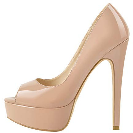 MissHeel Damen Plateau Peeptoe Pumps Elegante Stiletto High Heels mit Lack Optik für Büro Party Baby Pink 39 EU