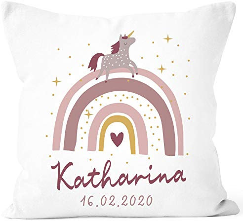 SpecialMe® personalisierbarer Kissen-Bezug zur Geburt Mädchen Regenbogen Einhorn Geburtskissen Geschenk Geburt weiß 40cm x 40cm