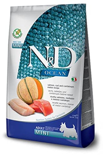 Farmina N&D Ocean Adult Mini Pellets Hundefutter (Trockenfutter, mit hochwertigen Vitaminen und natürliche Antioxidantien, ohne Mais, Zutaten: Lachs, Kabeljau und Melone, Portionsgröße: 2,5 kg)