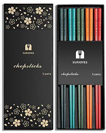 SUPJOYES 5 Paires Baguettes Japonaises - Baguettes Chinoises Réutilisables Lavables au Lave-vaisselle, Baguettes Multicolores avec Motif Fleur de Cerisier, 24 cm