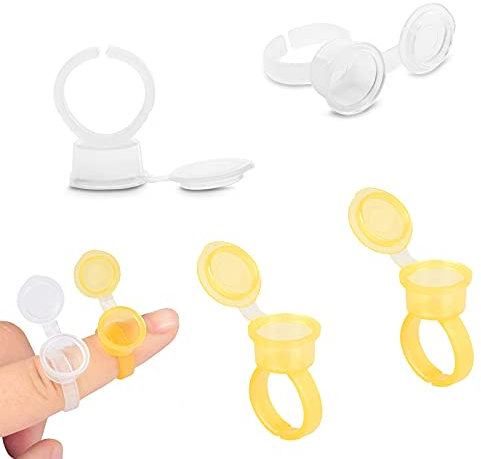 YouU 50 Pcs Makeup Pigment Ink Glue Cup Tattoo Finger Plastic Nail Art Tattoo Rings Holder Container with Cover Lid Eyebrow Refill Color Eyelash Cap Hand Tool